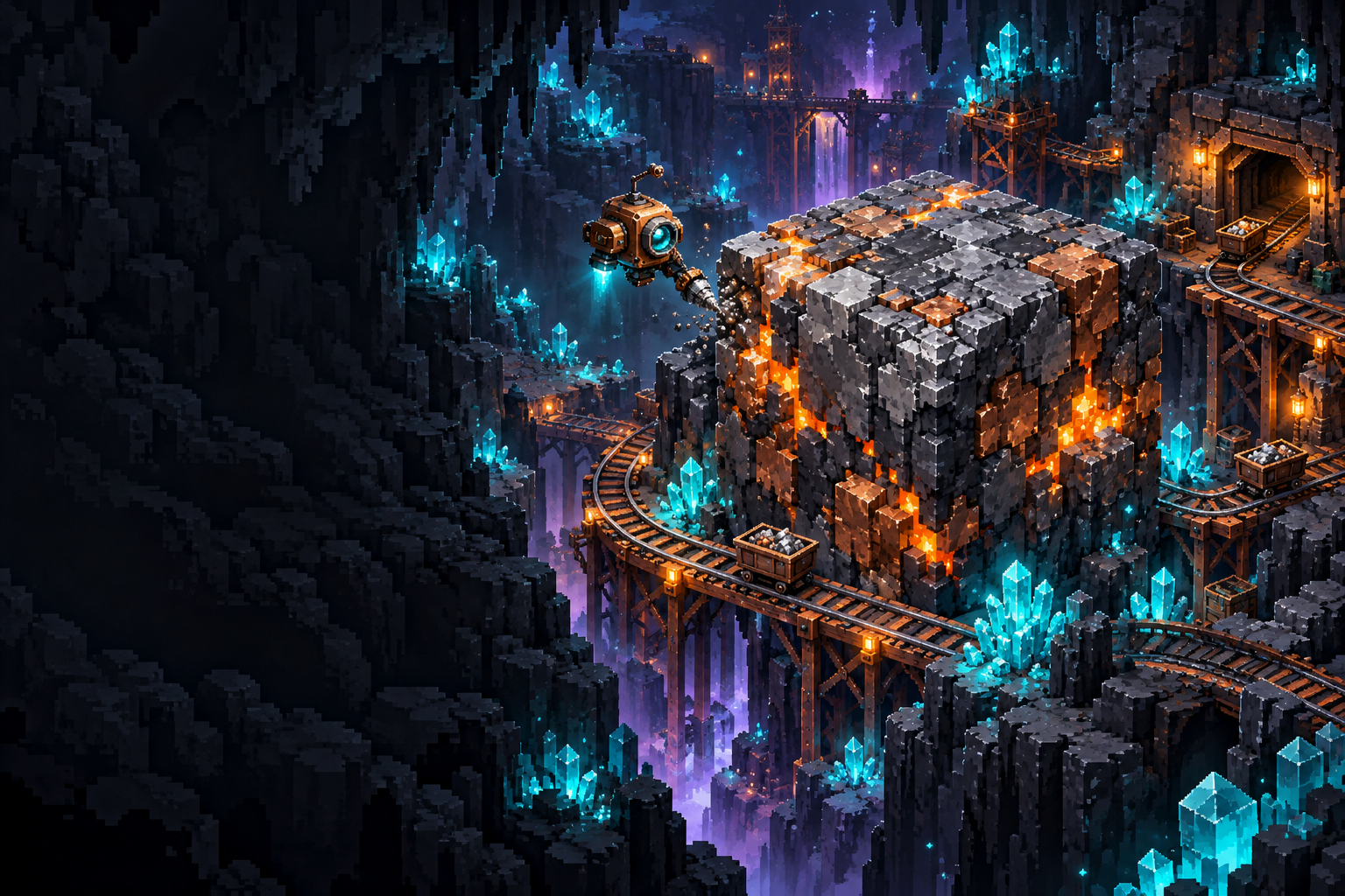 Illustrated underground mine with a glowing ore cube, cyan crystals and a mining robot